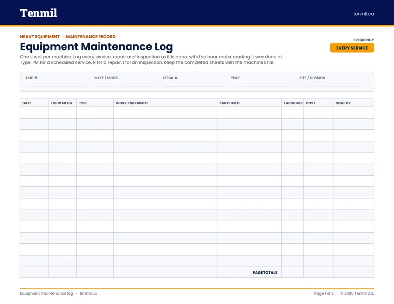 First page of the equipment maintenance log: unit details at the top, then one row per service with the hour meter, work performed, parts, labor hours and cost